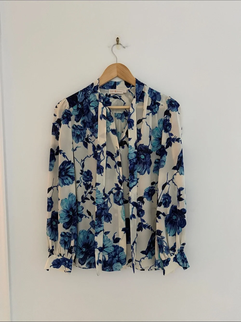 Tory Burch Georgette Cream Blouse with Blue Floral Print and Tie Neck